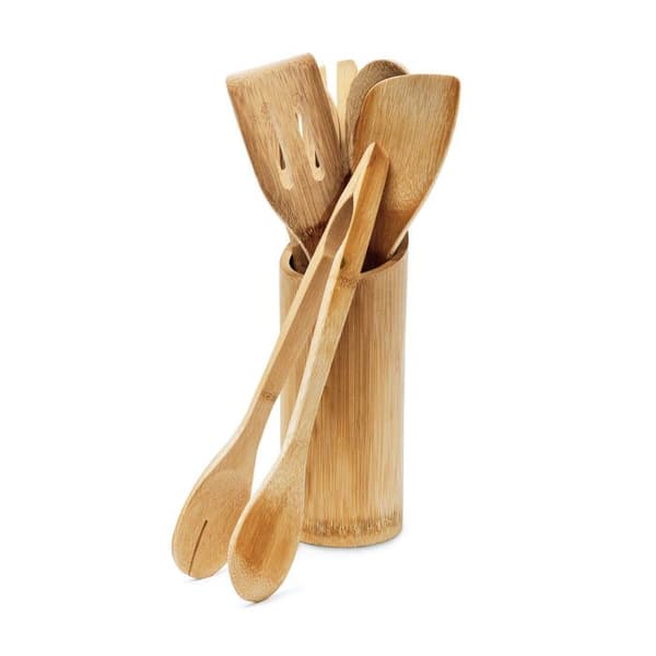 Köksredskapsset - Relaxdays - 6 delar - Ställning i bambu - 30 cm - Ljust brunt
