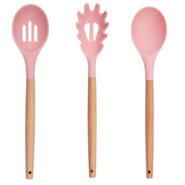 Alpina Kokkärlset med stativ - 12 delar - Silikonredskap med trähandtag - Rosa, 0.00