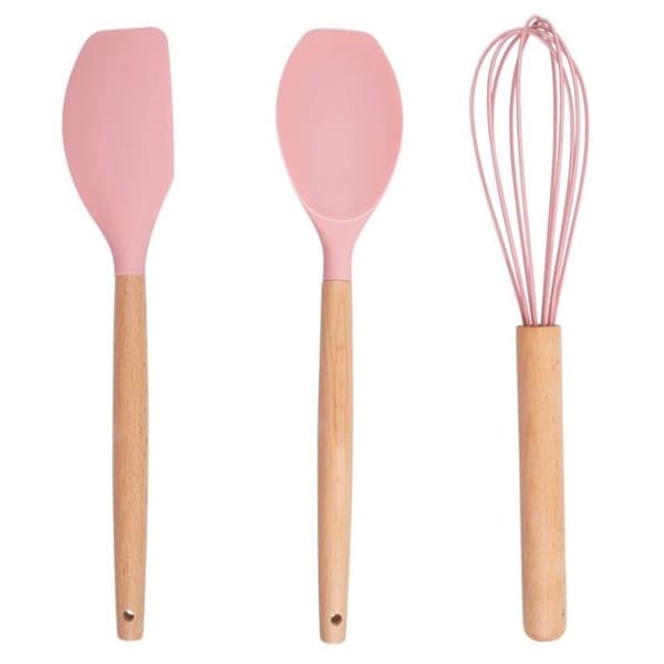Alpina Kokkärlset med stativ - 12 delar - Silikonredskap med trähandtag - Rosa, 0.00