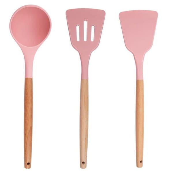 Alpina Kokkärlset med stativ - 12 delar - Silikonredskap med trähandtag - Rosa, 0.00