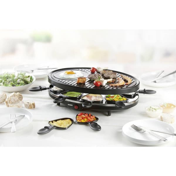 DOMO DO9038G Raclette Grillfunktion, Non-stick-beläggning, Kontrolljus, 8 pannor Svart