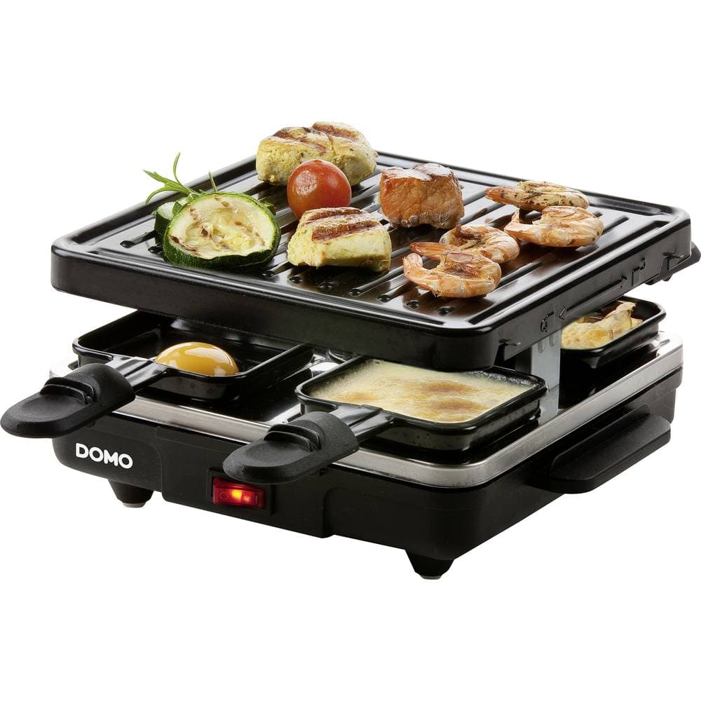 DOMO Just us DO9147G Raclette Grillfunktion, Non-stick-beläggning, Kontrolljus, 4 pannor Svart