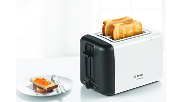 Bosch kompakt brödrost DesignLine TAT3P421DE, integrerat bullfäste i rostfritt stål, med automatisk avstängning, med avfrostningsfunktion, perfekt för