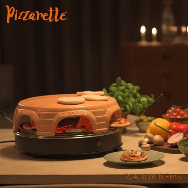 Emerio PO-115847.1 - Pizzarette - 4 henkilöä - Esipaistotoiminto - Käsintehty terrakottakupu - 4 eristettyä leivinlastat - Ruostumaton teräspelti