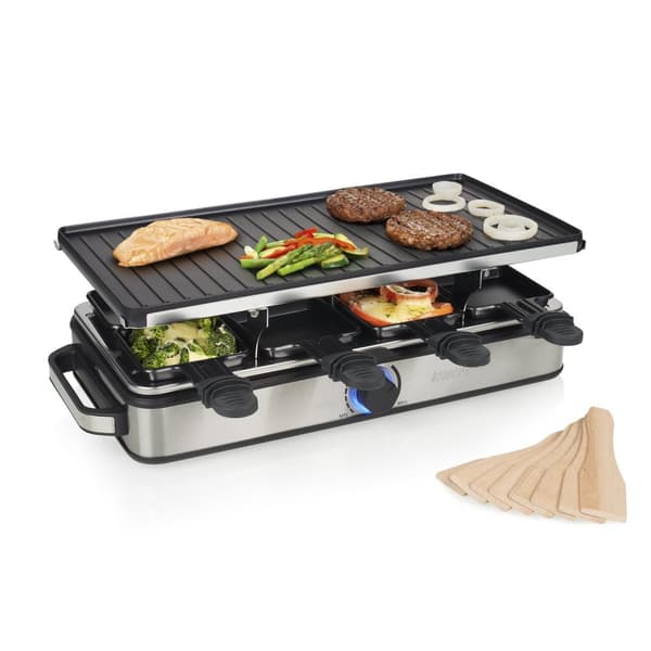 Princess 162645 Gourmet Set - Raclette 8 Grill Deluxe - Vändbar grillplatta - Rostfritt stålhus
