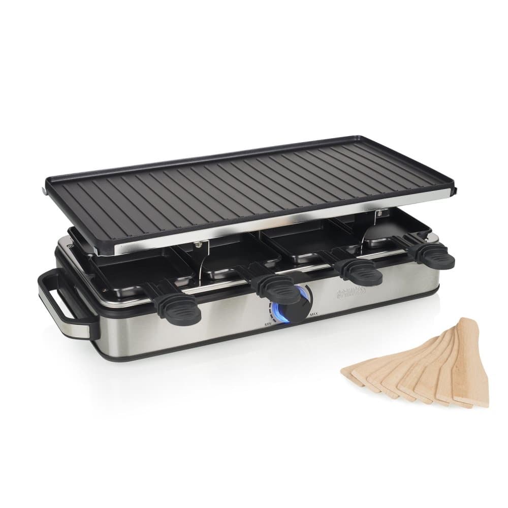 Princess 162645 Gourmet Set - Raclette 8 Grill Deluxe - Vändbar grillplatta - Rostfritt stålhus
