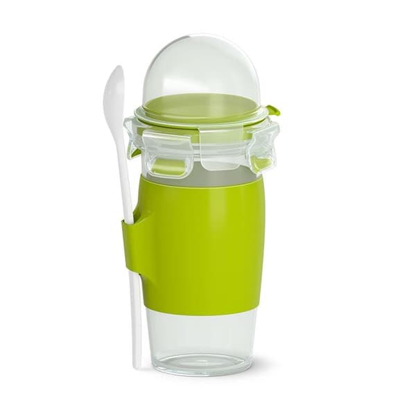 Emsa N10714 Clip & Go Yoghurtmugg | Kapacitet: 450ml | Runda | Inkluderar sked och toppingsbricka | Transparent/ljusgrön | 106/91/201 mm