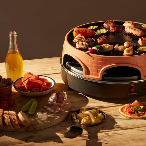 Emerio PO-113255.4 - Pizzarette 3-IN-1 - 6 henkilöä - Pizzarette, Swiss Raclette ja Grill - Eristetyt leivinlastat - 6 pannua