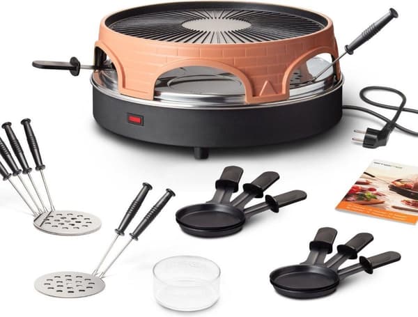 Emerio PO-113255.4 - Pizzarette 3-IN-1 - 6 henkilöä - Pizzarette, Swiss Raclette ja Grill - Eristetyt leivinlastat - 6 pannua