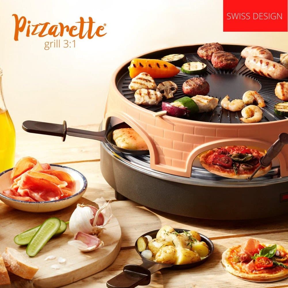 Emerio PO-113255.4 - Pizzarette 3-IN-1 - 6 personer - Pizzarette, schweizisk raclette och grill - Isolerade bakspadar - 6 pannor