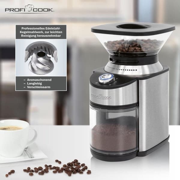 ProfiCook PC-EKM 1205 Sähkökäyttöinen kahvimylly myllyllä, 16-portainen säädettävä jauhatusaste (karkeasta erittäin hienoon), soveltuu esim. suodatink
