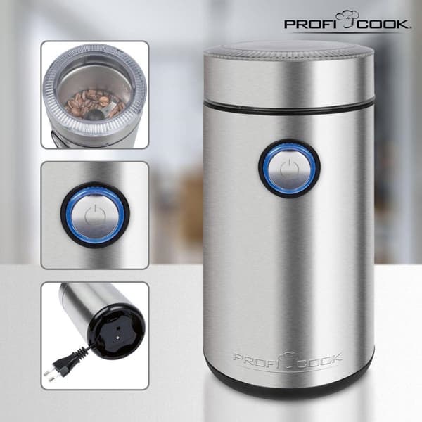 ProfiCook KSW 1216 - Elektrisk kaffebryggare, 40 g innehåll, 150 watt motor, 2-vägs blad i rostfritt stål, hölje i rostfritt stål, 501216