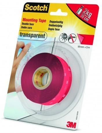 3M Scotch dobbeltsidet monteringstape, 19 mm x 5 m transparent, stærk klæbemiddel, bæreevne: 30 cm for 2 kg, - 1 stk (40041950)