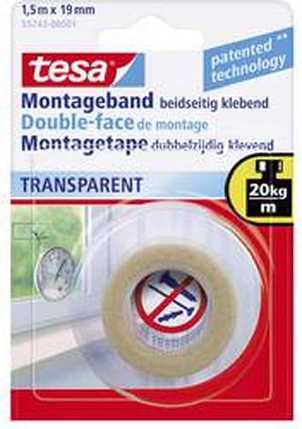 Tesa Monteringstape Dobbeltsidet - Gennemsigtig - 1,5 mx 19 mm
