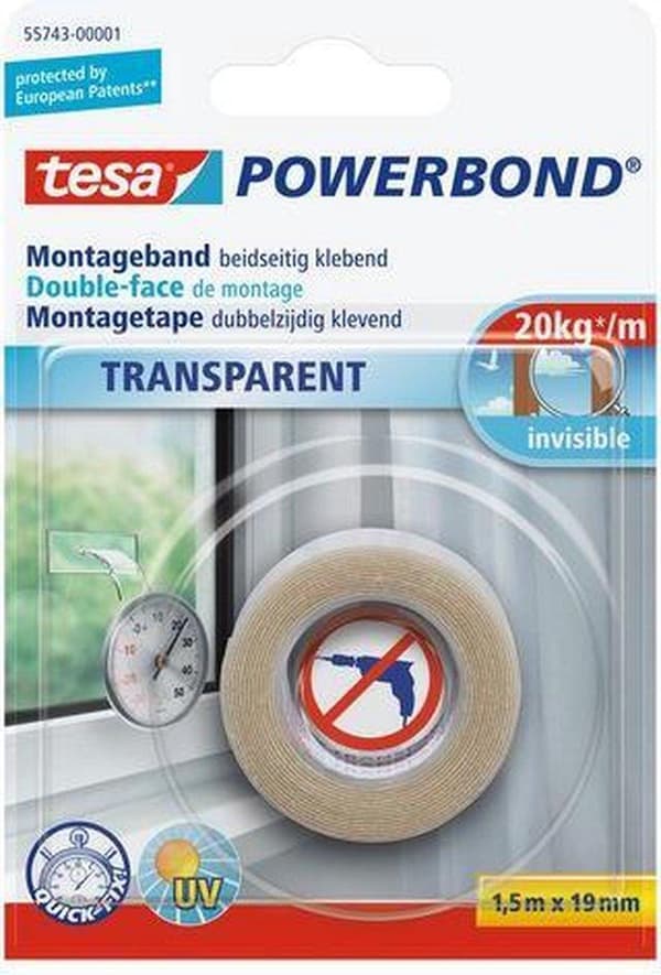 Tesa Monteringstape Dobbeltsidet - Gennemsigtig - 1,5 mx 19 mm