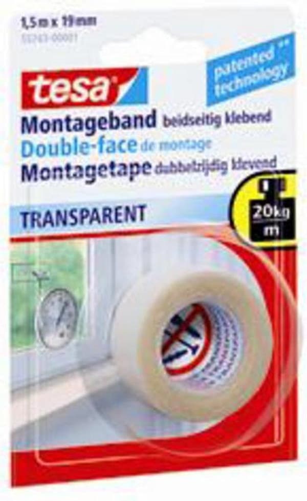Tesa Monteringstape Dobbeltsidet - Gennemsigtig - 1,5 mx 19 mm