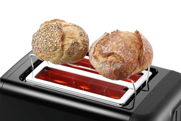 Bosch kompakt brødrister DesignLine TAT3P423DE, integreret bollebeslag i rustfrit stål, med automatisk sluk, med afrimningsfunktion, perfekt til 2 ski