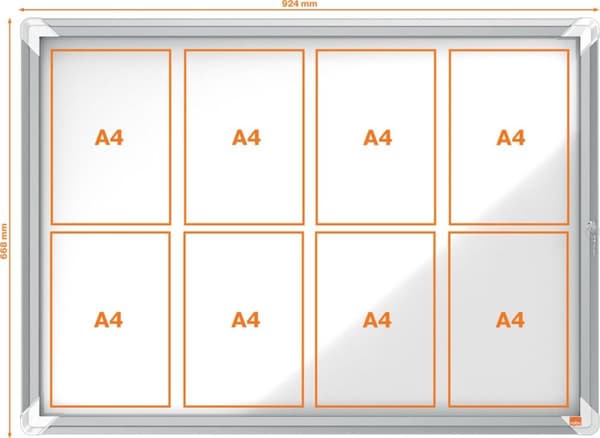 Nobo Premium Plus Låsbar inre vitrin i glas Magnetisk med sidolås - 8xA4 Storlek - Silver/Vit