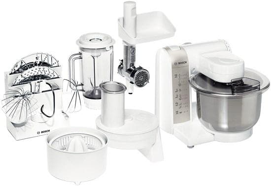 Bosch MUM4880 matberedare MUM4 (600 watt, rostfri mixerskål, flödesförstörare, plastmixertillbehör, köttkvarn, citruspress, recept-DVD) vit