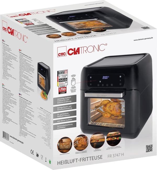 Clatronic FR 3747 H varmluftfrituregryde, olie- og fedtfri, 11 liter, sensor touch kontrol, LED display, sort