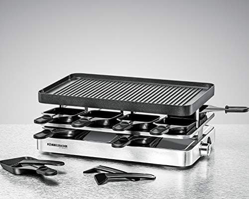 ROMMELSBACHER Raclette Grill RC 1400 - käännettävä grillauslevy grillaukseen ja ohutlevyihin, 8 pannua, tarttumaton pinnoite, on/off-kytkin, portaaton