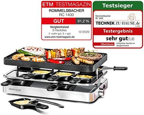 ROMMELSBACHER Raclette Grill RC 1400 - käännettävä grillauslevy grillaukseen ja ohutlevyihin, 8 pannua, tarttumaton pinnoite, on/off-kytkin, portaaton