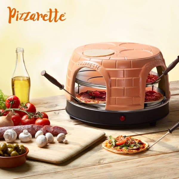 Emerio PO-116124.1 - Pizzarette - 8 personer - Forbage funktion - Håndlavet terracotta kuppel - 8 isolerede bagespader - Rustfrit stål bageplade - Hol