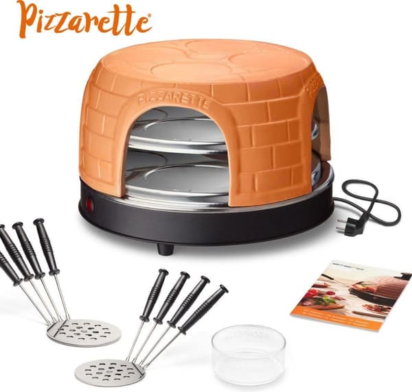 Emerio PO-116124.1 - Pizzarette - 8 personer - Forbage funktion - Håndlavet terracotta kuppel - 8 isolerede bagespader - Rustfrit stål bageplade - Hol