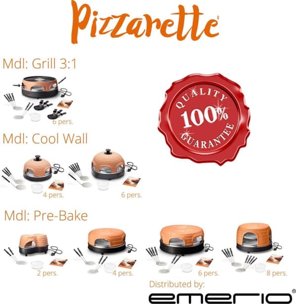 Emerio PO-116124.1 - Pizzarette - 8 personer - Forbage funktion - Håndlavet terracotta kuppel - 8 isolerede bagespader - Rustfrit stål bageplade - Hol