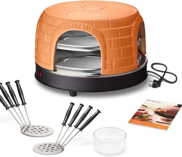 Emerio PO-116124.1 - Pizzarette - 8 personer - Forbage funktion - Håndlavet terracotta kuppel - 8 isolerede bagespader - Rustfrit stål bageplade - Hol