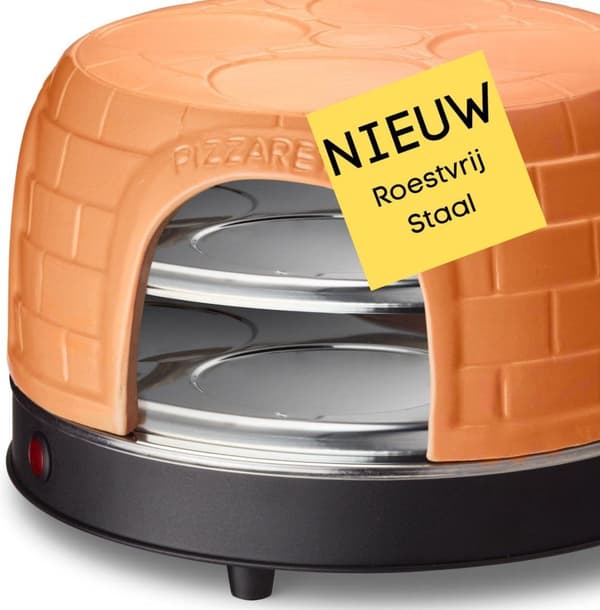 Emerio PO-116124.1 - Pizzarette - 8 personer - Forbage funktion - Håndlavet terracotta kuppel - 8 isolerede bagespader - Rustfrit stål bageplade - Hol