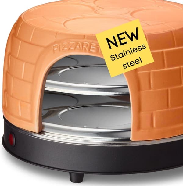 Emerio PO-116124.1 - Pizzarette - 8 personer - Forbage funktion - Håndlavet terracotta kuppel - 8 isolerede bagespader - Rustfrit stål bageplade - Hol