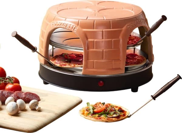 Emerio PO-116124.1 - Pizzarette - 8 personer - Forbage funktion - Håndlavet terracotta kuppel - 8 isolerede bagespader - Rustfrit stål bageplade - Hol