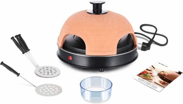 Emerio PO-115985 - Pizzarette - 4 henkilöä - Käsintehty terrakottakupu - 4 eristettyä leivinlastat - Tarttumaton pinnoite - Viileä kosketus