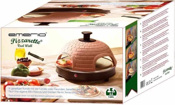 Emerio PO-115985 - Pizzarette - 4 henkilöä - Käsintehty terrakottakupu - 4 eristettyä leivinlastat - Tarttumaton pinnoite - Viileä kosketus
