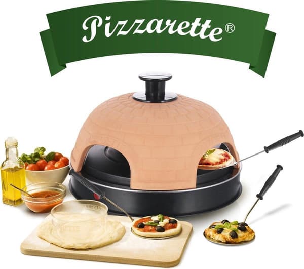 Emerio PO-115985 - Pizzarette - 4 henkilöä - Käsintehty terrakottakupu - 4 eristettyä leivinlastat - Tarttumaton pinnoite - Viileä kosketus