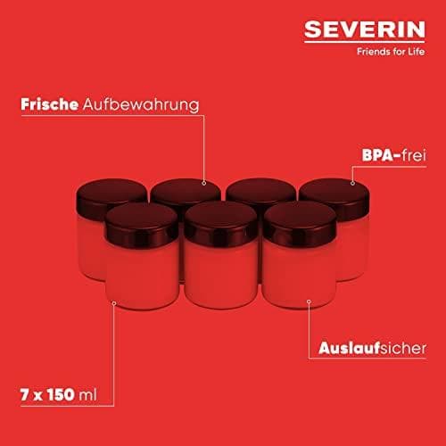 SEVERIN vaihtolasit jogurttikoneille, kannelliset jogurttipurkit (7 x 150 ml), sopivat SEVERIN jogurttikoneisiin JG 3516 / JG 3518 / JG3519 / JG 3520