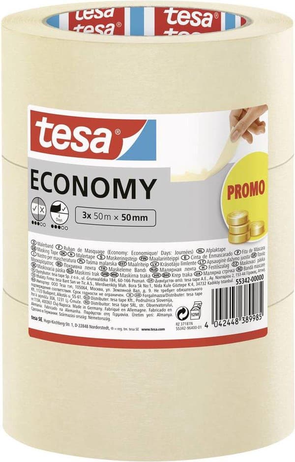 tesa Economy 55342-00000-00 Maskeringstape Hvid (LxB) 50 mx 50 mm 3 stk.