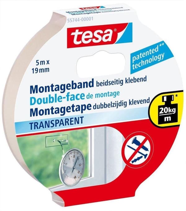 Tesa Asennusteippi Kaksipuolinen - Läpinäkyvä - 5 mx 19 mm