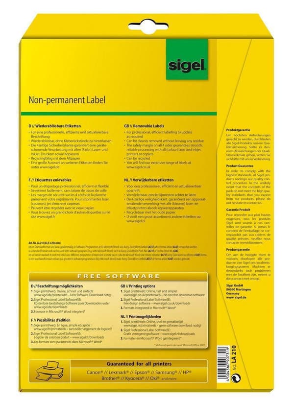 etiket Sigel aftagelig 63,5x29,6 mm hvid æske med 25 ark 27 etiketter pr.
