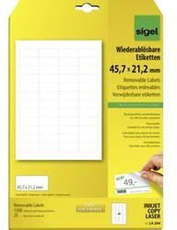 etiketti Sigel irrotettava 45,7x21,2 mm valkoinen laatikko, jossa 25 arkkia 48 tarraa per arkki