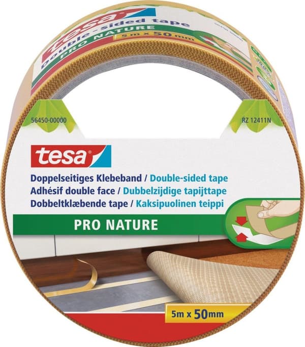 1x Tesa dobbeltsidet tæppetape på en rulle på 5 meter - Pro Nature - Holdbart gør-det-selv-materiale - Husholdningsartikler - Tæppetape - Dobbeltsidet
