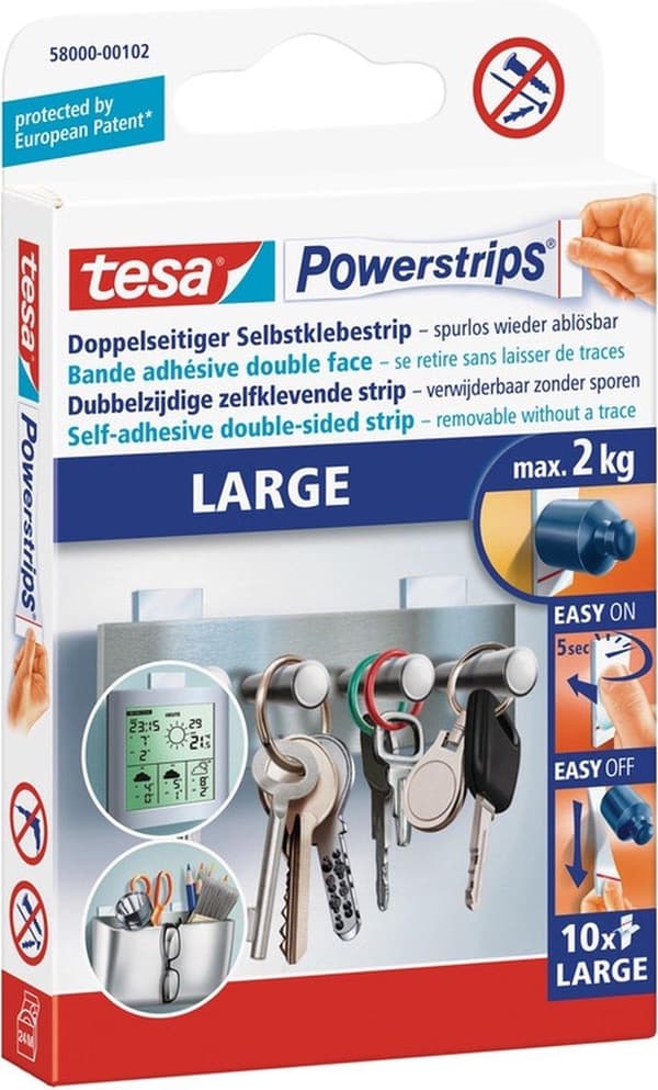 Tesa powerstrips - Klæbende strimmel - Dobbeltsidet - Stor - 10 stk - Gennemsigtig