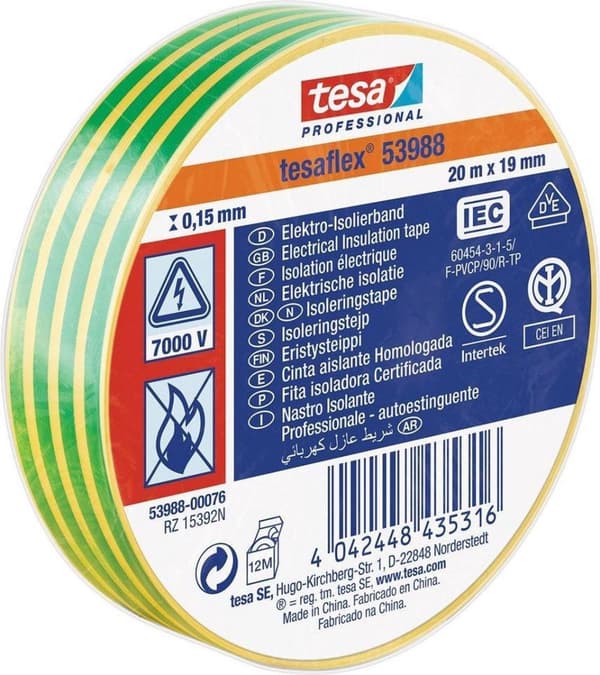 tesa 53988-00076-00 Isoleringstape tesa Professional Gul, Grøn (LxB) 20 mx 19 mm 1 stk.