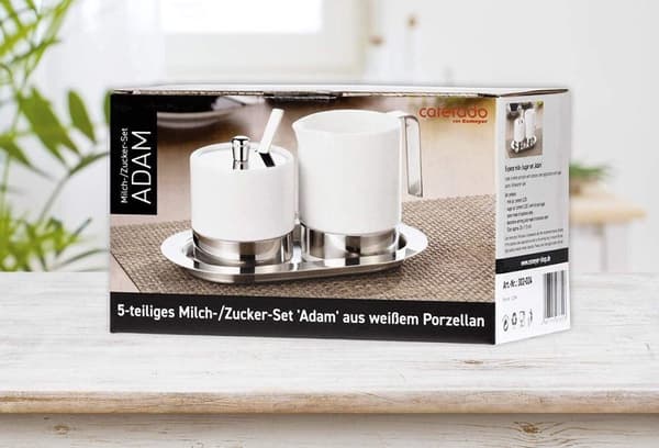 5 styks sukker- og flødesæt ADAM, lavet af hvidt porcelæn og rustfrit stål