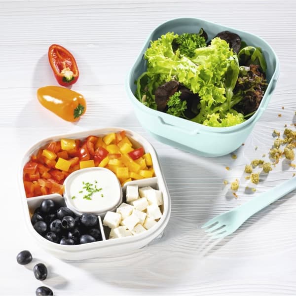 Xavax salatboks to go, dressingbeholder, topper 3 rum, bestik, 1,4l, pastelblå (00181584)