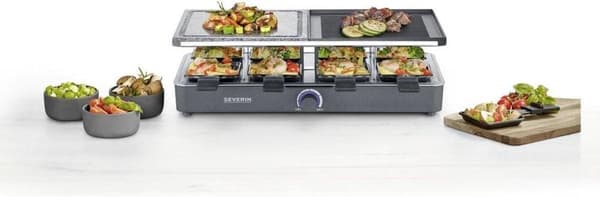 Severin Gourmet sæt 2376 - 8 pander - Sort - 1300W - Raclette med naturlig grillsten og grillplade