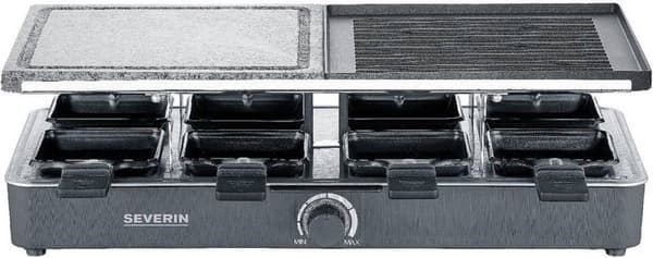 Severin Gourmet sæt 2376 - 8 pander - Sort - 1300W - Raclette med naturlig grillsten og grillplade