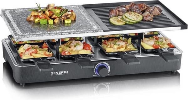 Severin Gourmet sæt 2376 - 8 pander - Sort - 1300W - Raclette med naturlig grillsten og grillplade