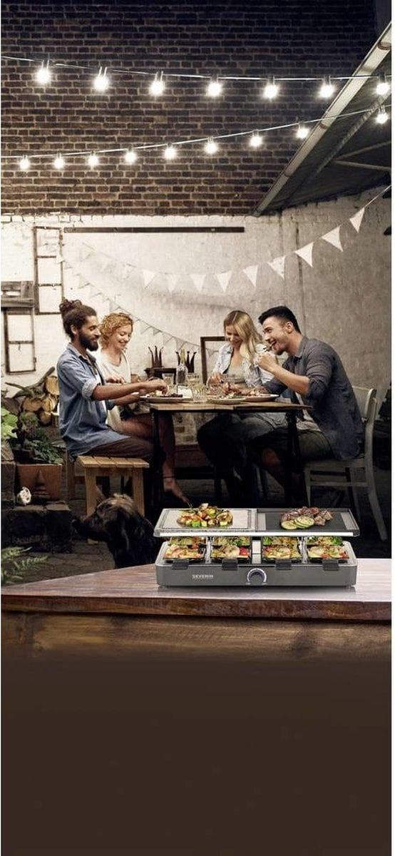 Severin Gourmet sæt 2376 - 8 pander - Sort - 1300W - Raclette med naturlig grillsten og grillplade